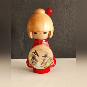 Vintage Japanese Red Kokeshi Wooden Doll 5in Handmade Handpainted Handcarved